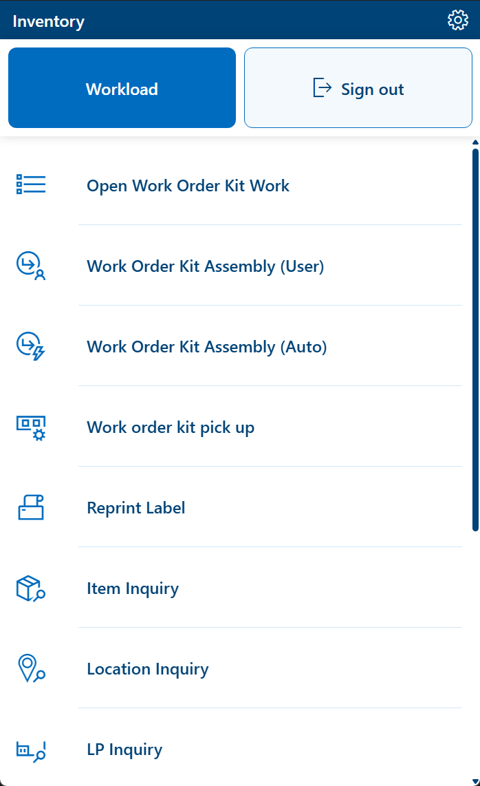 Warehouse Management mobile menu items for kit assembly