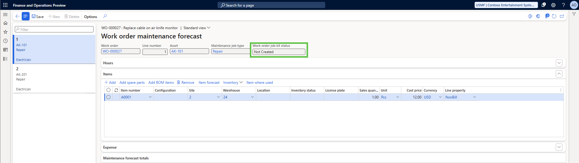 Work order maintenance forecast form in Dynamics 365 Finance and Operations